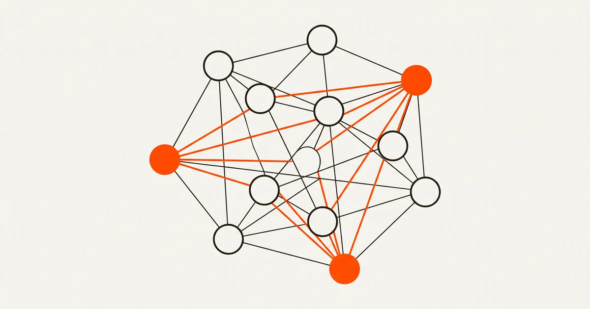 Diagrama de uma rede de círculos ligados entre si, com três deles a laranja e linhas mais espessas a partir desses