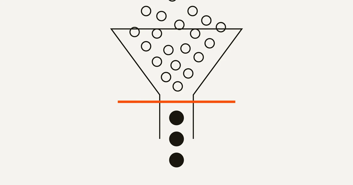 Diagrama de um funil com muitos círculos a entrar, uma linha laranja a filtrar e apenas três círculos maiores a sair