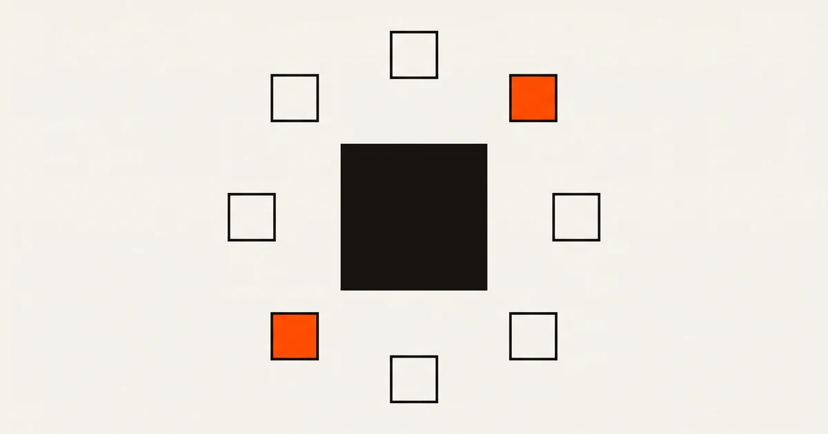 Diagrama com um grande quadrado preto ao centro e sete quadrados pequenos em anel à volta, dois deles a laranja