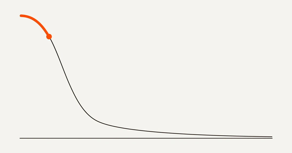 Diagrama de uma curva descendente acentuada, com o primeiro segmento destacado a laranja